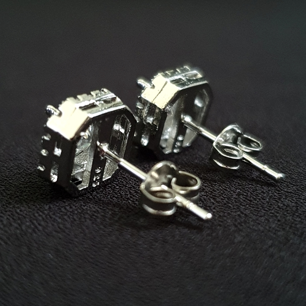 New Silver Hexagon Round Diamond Earrings - Picture 2 of 2